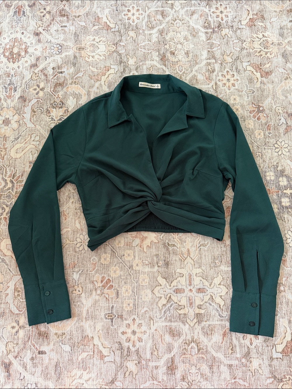 Abercrombie & Fitch Forest Green Twist-Front Long Sleeve Crop Blouse